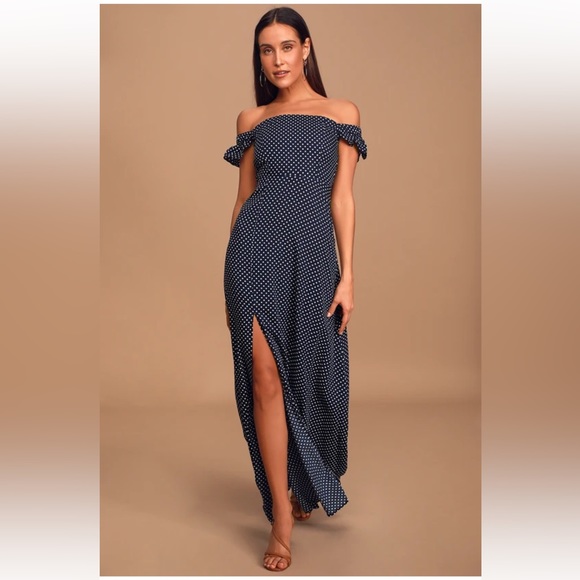 Lulus Dresses & Skirts - Dream Love Navy Blue Polka Dot Off-the-Shoulder Maxi Dress